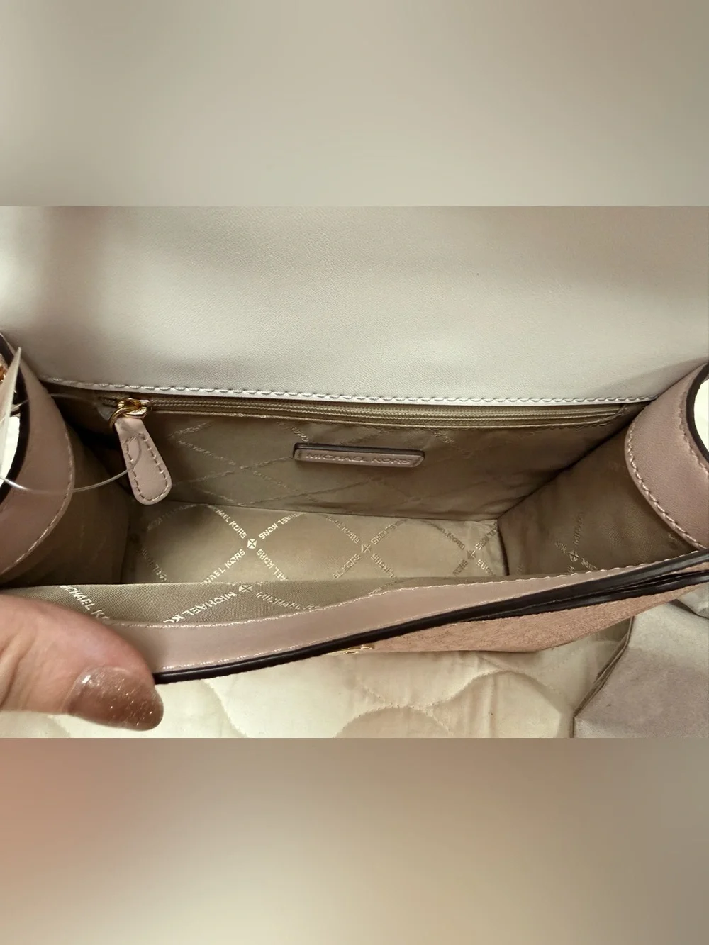 Michael Kors Blush Pink & White Leather Shoulder Bag with Gold MK Accent